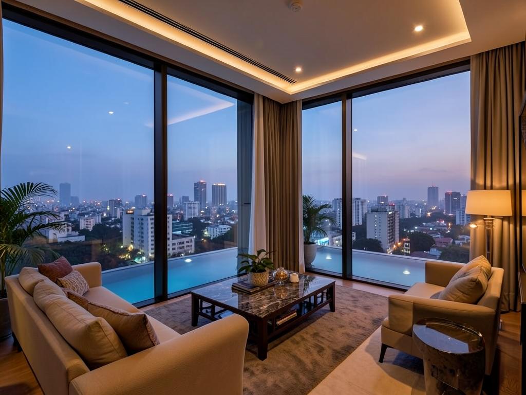 Ultra-luxury penthouse interior with city view